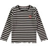 Flower Striped Long Sleeve Lettuce Hem T-Shirt, Deep Black & Cream - T-Shirts - 1 - thumbnail