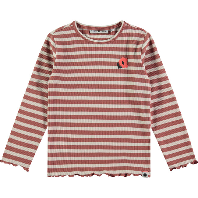 Flower Striped Long Sleeve Lettuce Hem T-Shirt, Canyon & Cream - T-Shirts - 1
