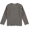 Flower Striped Long Sleeve Lettuce Hem T-Shirt, Deep Black & Cream - T-Shirts - 2