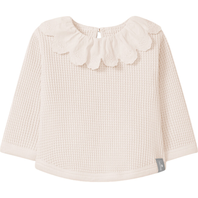 Waffle Long Sleeve Tee Shirt with Ruffle Collar, Pink - T-Shirts - 1