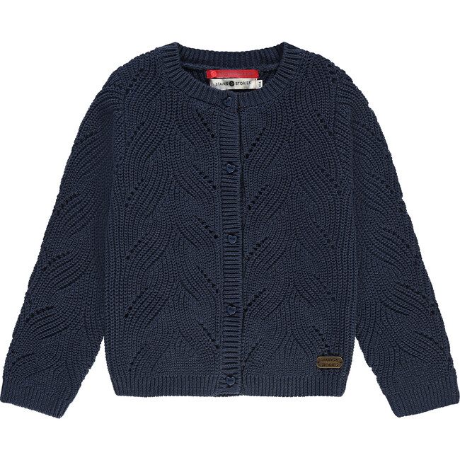 Abstract Knit Crew Neck Cardigan, Navy