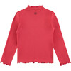 Ribbed Long Sleeve Lettuce Hem T-Shirt, Bright Red - T-Shirts - 2