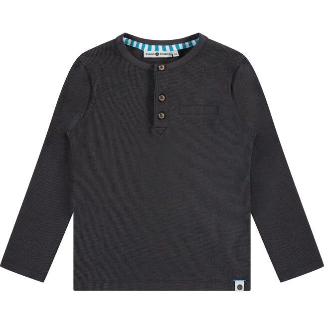 Waffle Ribbed Long Sleeve Henley T-Shirt, Navy - T-Shirts - 1
