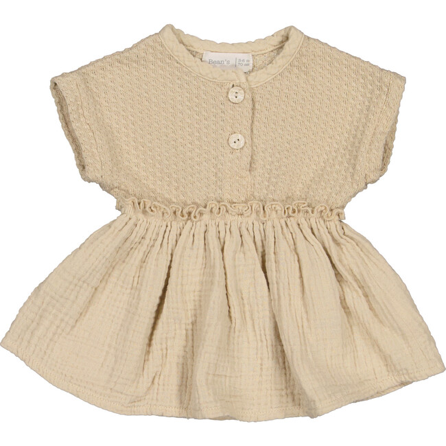 Short Sleeve Cinched Waist Ruffle Tunic, Sand