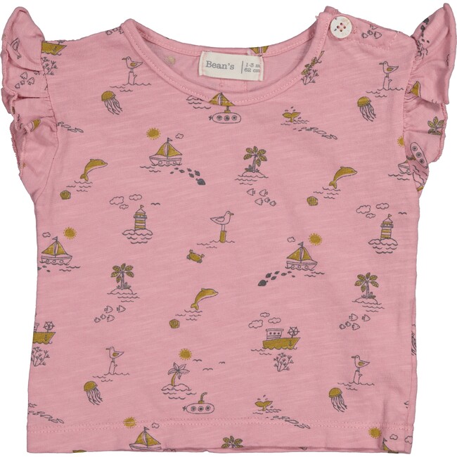 All-Over Sea Theme Print Ruffle Shoulder T-Shirt, Pink