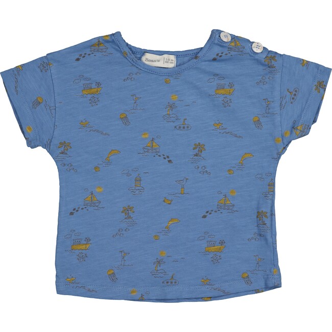 All-Over Sea Theme Print Ruffle Shoulder T-Shirt, Blue