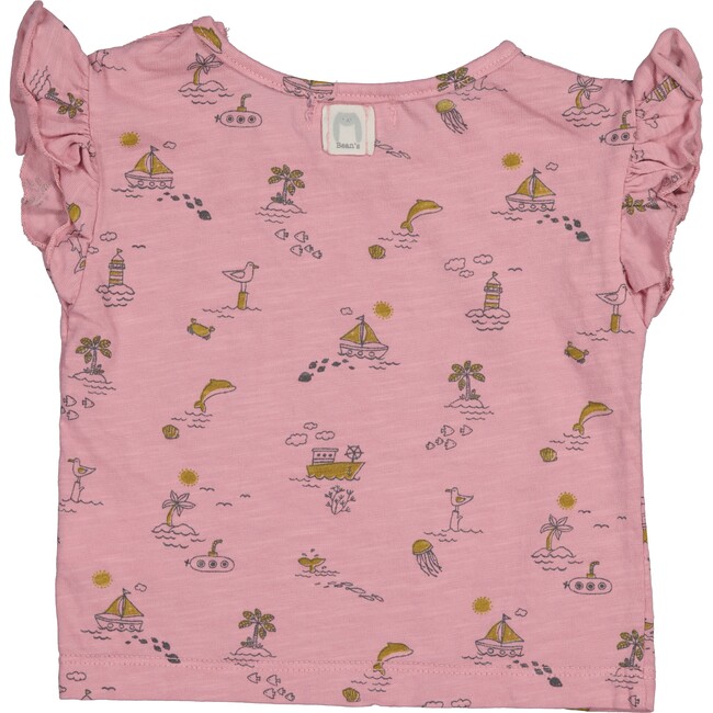 All-Over Sea Theme Print Ruffle Shoulder T-Shirt, Pink - T-Shirts - 2