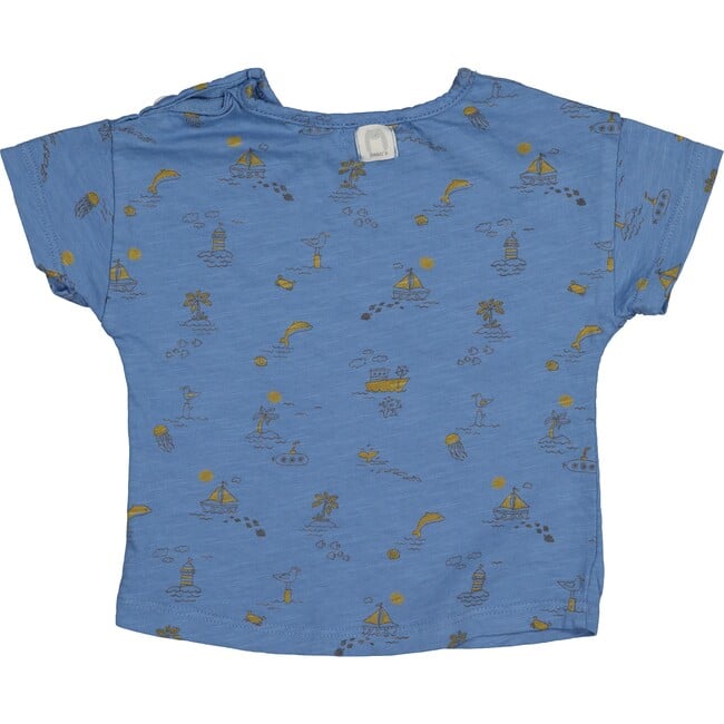 All-Over Sea Theme Print Ruffle Shoulder T-Shirt, Blue