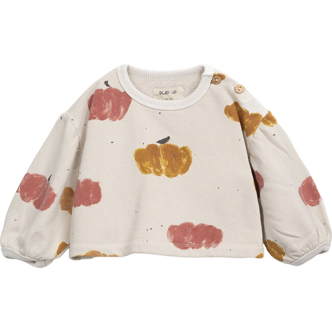 Pumpkin Graphic Print Crew Neck Long Puff Sleeve Crop Sweatshirt, Cream