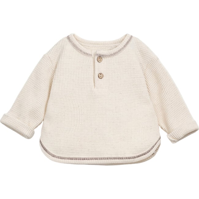 Contrast Hem Waffle Knit Henley Neck Long Sleeve 2-Front Button T-Shirt, Cream