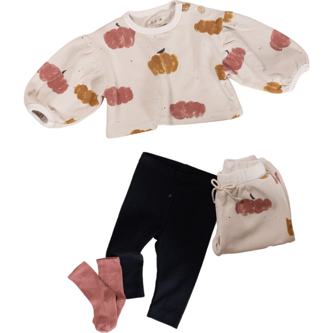 Pumpkin Graphic Print Crew Neck Long Puff Sleeve Crop Sweatshirt, Cream - Sweatshirts - 3