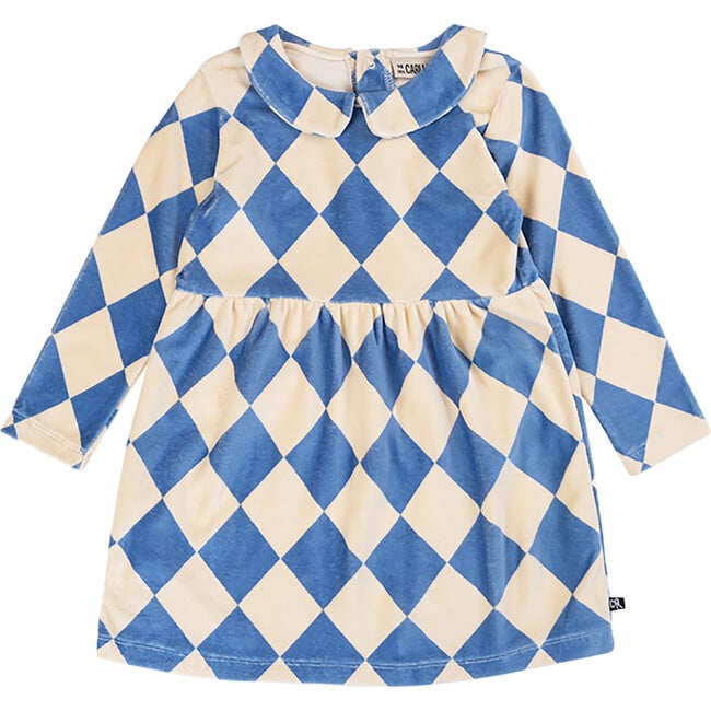 Diamond Pattern Velvet Peter Pan Collar Long Sleeve Dress, Blue & Cream