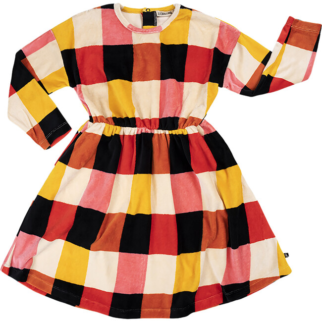 Checkered Pattern Velvet Peplum Round Neck Long Sleeve Dress, Multicolors - Dresses - 1
