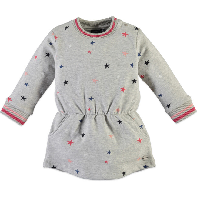 All-Over Stars Print Long Sleeve Sweat-Dress, Grey Melange