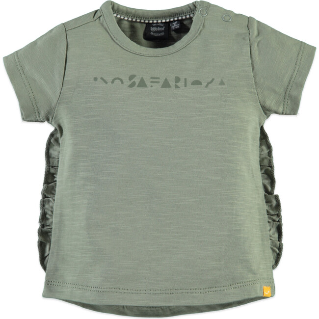 Print Short Sleeve Ruffle Tee Shirt, Army Green
