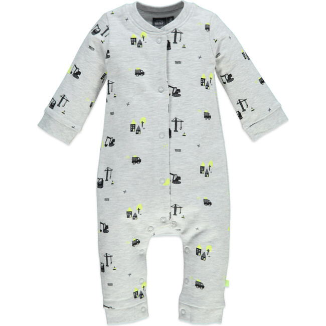 All-Over Houses And Construction Print Long Sleeve Romper, Light Grey