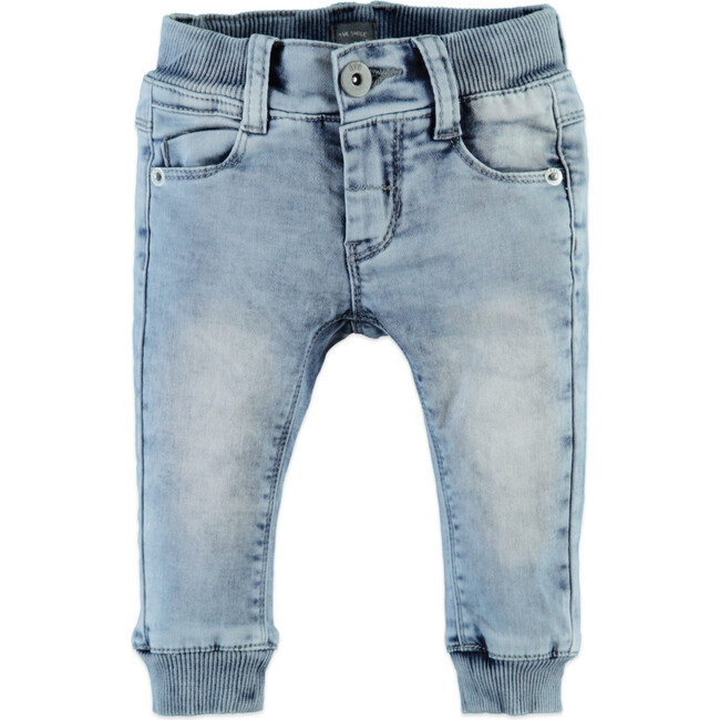 Elastic Waistband Cuffed Denim Jogger, Light Blue