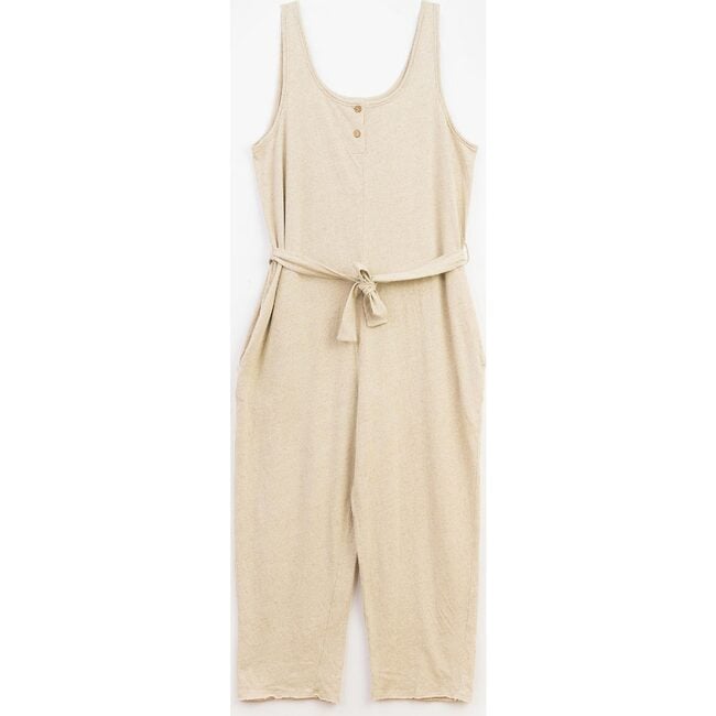 Women's 2-Buttoned Neck Tie-Waist Jumpsuit, Beige