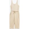 Women's 2-Buttoned Neck Tie-Waist Jumpsuit, Beige - Rompers - 1 - thumbnail