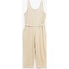 Women's 2-Buttoned Neck Tie-Waist Jumpsuit, Beige - Rompers - 2