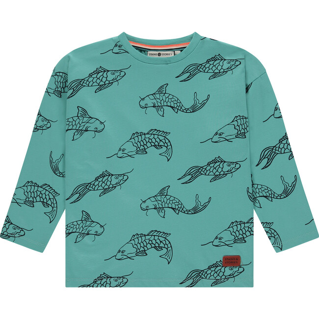 All Over Koi Fish Printed Long Sleeve Shirt,Turquoise - T-Shirts - 1
