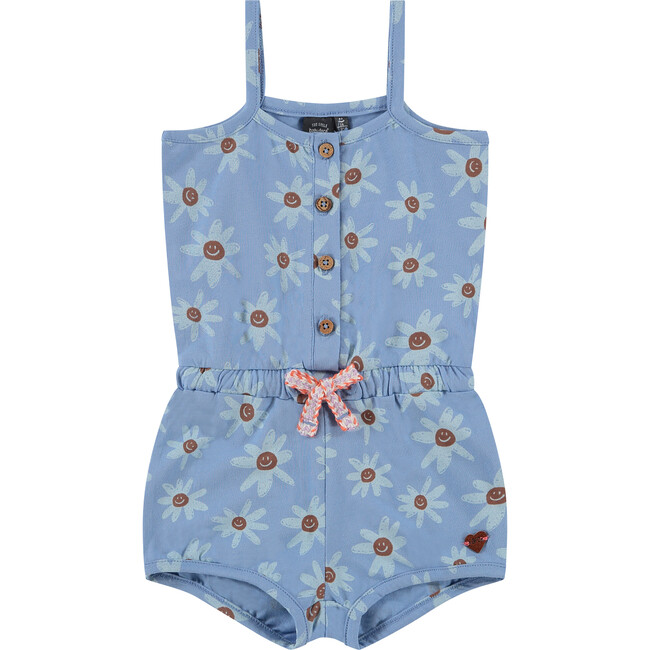 Smiling Daisy Print Sleeveless Romper, Blue