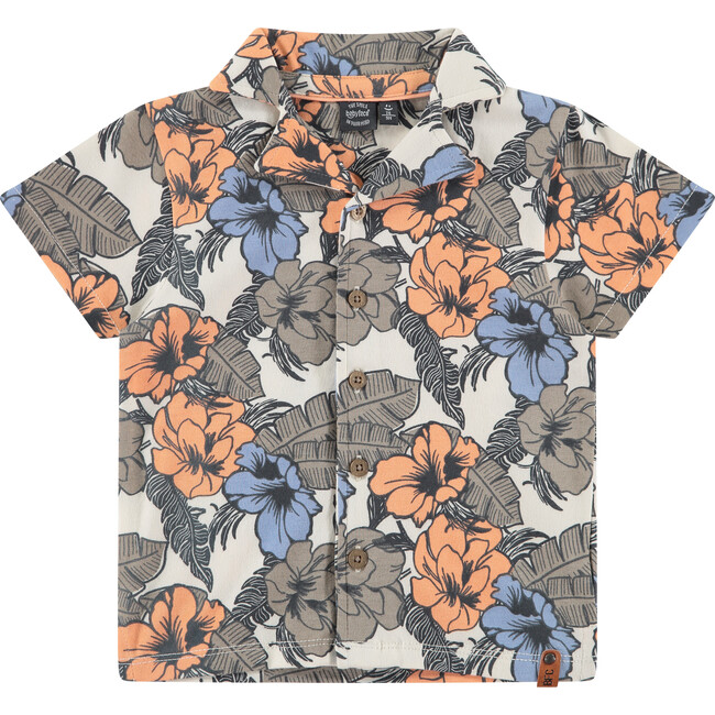 Hawaiian Print Button Up Short Sleeve Top, Print