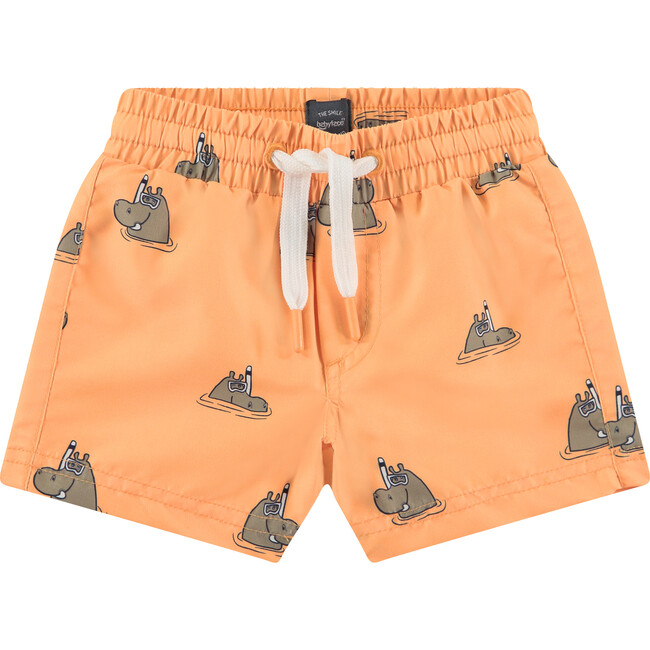 All-Over Swimming Graphic Print Swim Trunks, Neon Orange