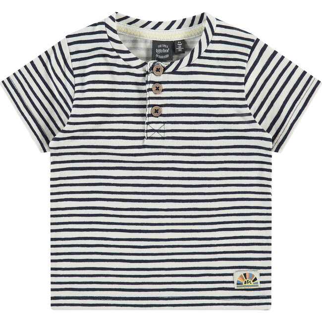 Short Sleeve Button Down Sriped Henley T-Shirt, Dark Blue