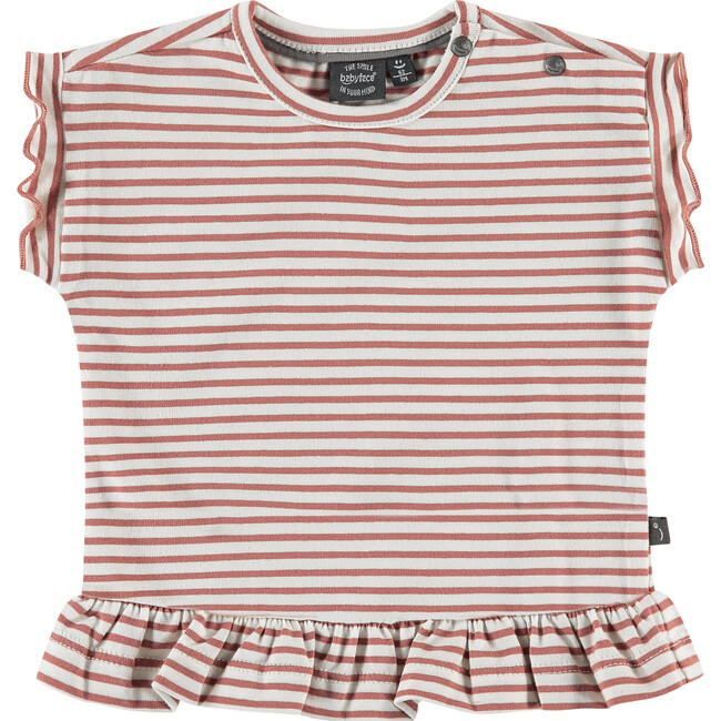 Crew Neck Ruffle Shoulder Peplum Waist Striped Top, Redwood