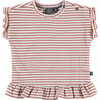 Crew Neck Ruffle Shoulder Peplum Waist Striped Top, Redwood - T-Shirts - 1 - thumbnail