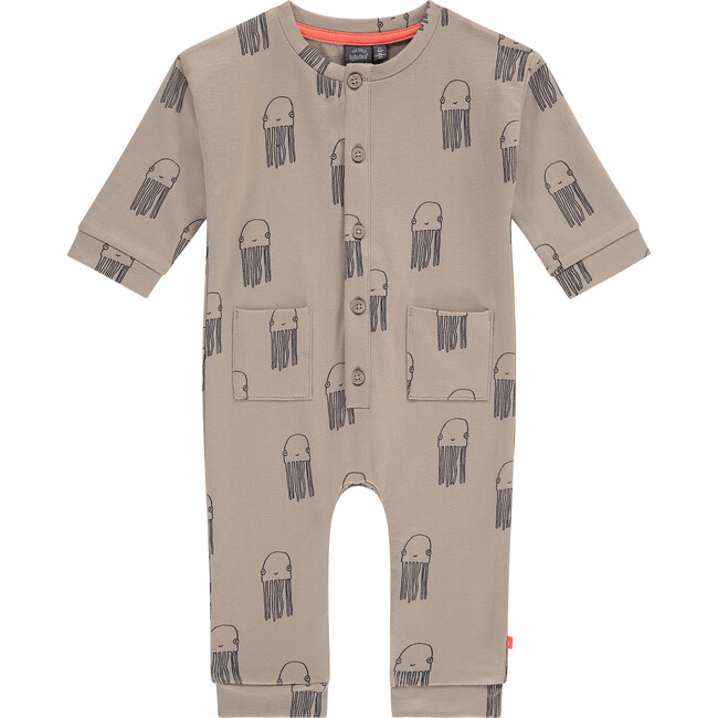 Long Sleeve All-Over Octopus Graphic Print Buttoned Romper, Taupe
