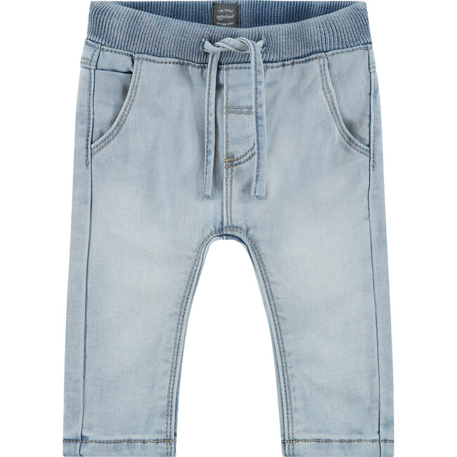 Elastic Waistband Drawstring Jeans, Light Blue Denim