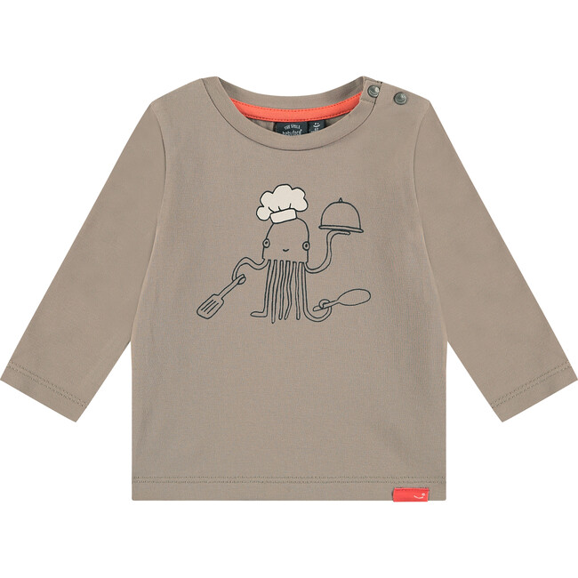 Crew Neck Chef Octopus Graphic Print Sweatshirt, Taupe