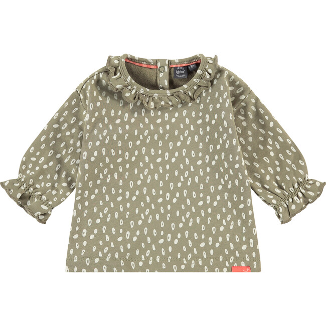 Long Sleeve Ruffled Collar Spotted Shirt, Fern