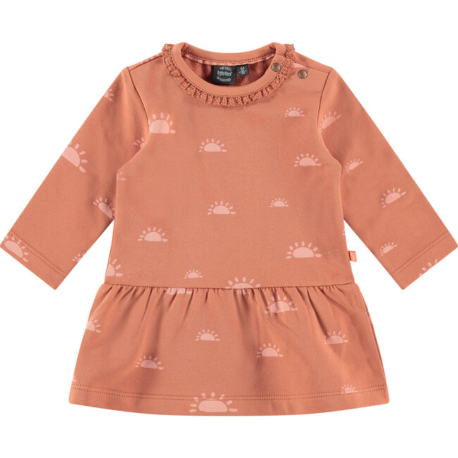 Long Sleeve Peplum Waist Sun Graphic Print Dress, Terra