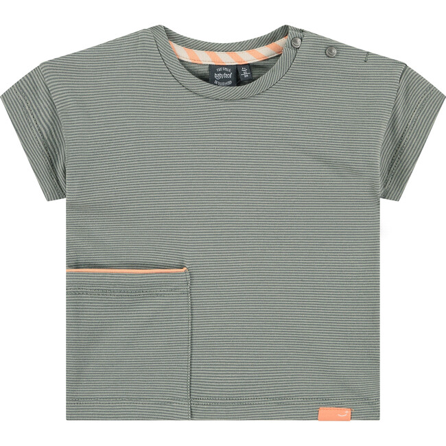 Crew Neck Micro-Stripe Enlarged Side Pocket T-Shirt, Thyme