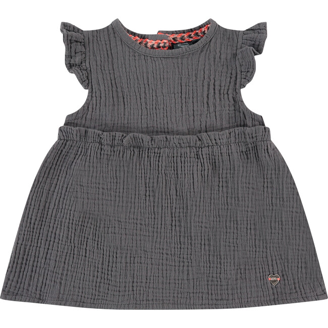 Flutter Cap Sleeves Gauze Ruffle Bodice Dress, Grey