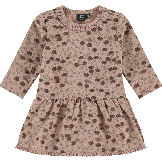 All-Over Floral Print Long Sleeve Drop Peplum Waist Dress, Faded Pink
