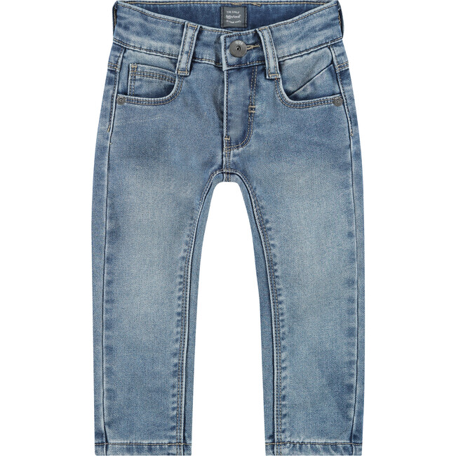 Straight Cut Buttoned Jeans, Mid Blue Denim - Jeans - 1