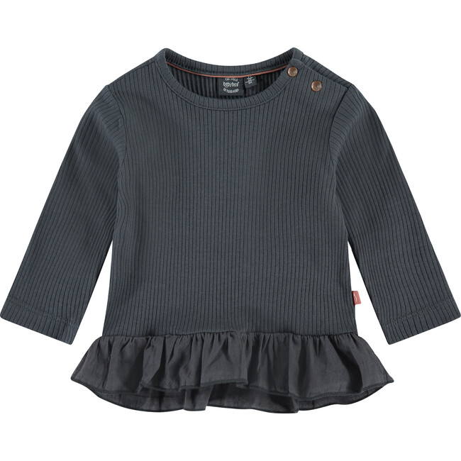 Long Sleeve Ruffled Peplum Tee Shirt, Charcoal