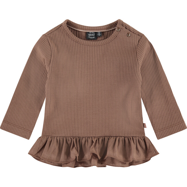 Long Sleeve Ruffled Peplum Tee Shirt, Clay