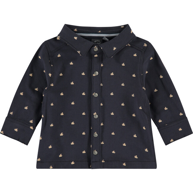 Viking Ship Graphic Button-Up T-Shirt, Navy