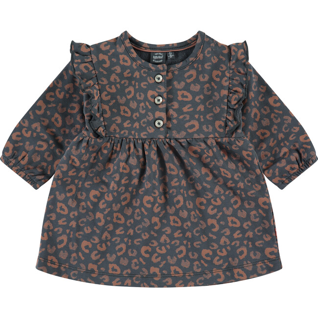 Leopard Print Long Sleeve Ruffle Dress, Charcoal