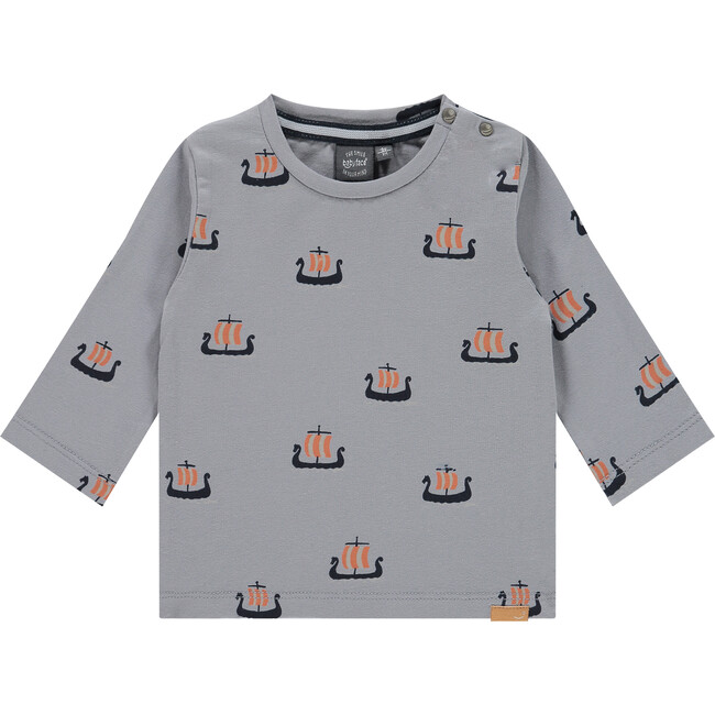 All-Over Viking Ships Graphic Long Sleeve Tee Shirt, Ashy Blue