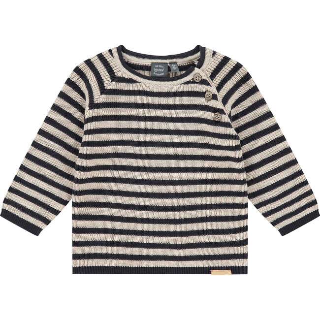 Striped Knit Crew Neck Pullover Sweater, Navy And White - Sweaters - 1