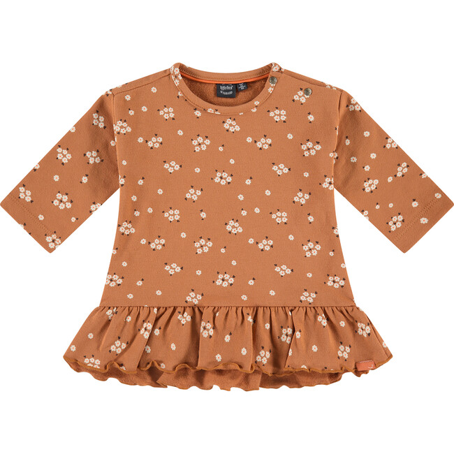 All-Over Floral Print Long Sleeve Drop Waist Dress, Orange
