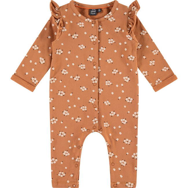 All-Over Floral Print Long Sleeve Romper, Orange