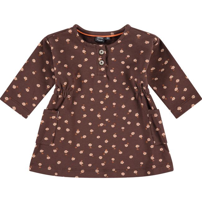 2-Buttoned Neck Long Sleeve A-Line Dress, Brown