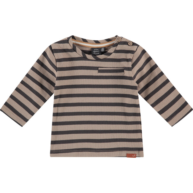 Striped Long Sleeve Tee Shirt, Taupe And Charcoal - T-Shirts - 1